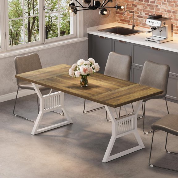 IDEALHOUSE Walnut Dining Table, Rectangular Table with Modern Trapezoidal Metal Legs, Scratch-Resistant Top, Easy to Clean, Stable, Multifunctional, Seats 4-8, for Dining Room, Kitchen