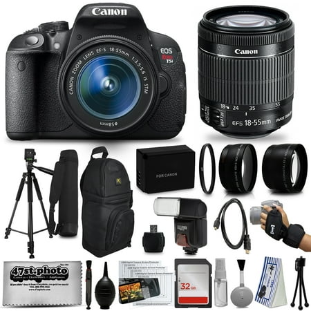 Canon EOS Rebel T5i 18.0 MP CMOS DSLR Digital Camera + EF-S 18-55mm IS STM Lens + Tripod+ 32GB SD Card + Card Reader + Extra Battery + Case Bag + Wide Angle Lens + Telephoto Lens + Cleaning Kit