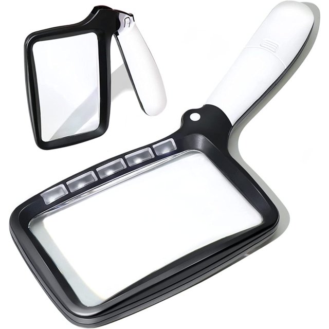 Lupa grande con luz, lupa plegable 2x, lupa de lectura de 5 LED con 2 modos de atenuación, lupa de mano portátil, ideal para personas mayores, niños, lectura, pasatiempos, manualidades, relojería,