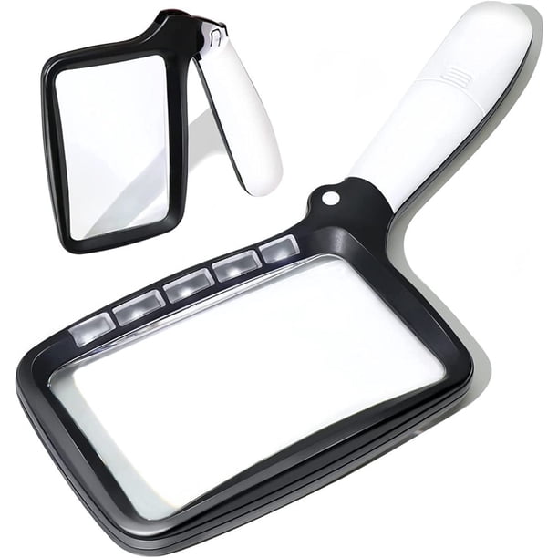 Lupa grande con luz, lupa plegable 2x, lupa de lectura de 5 LED con 2 modos de atenuación, lupa de mano portátil, ideal para personas mayores, niños, lectura, hobbies, manualidades, relojeros,