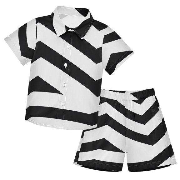 Black and White Stripes Boys' Hawaiian Shorts Sets Button Down Shirts 3T-10Y for Beach Vacation