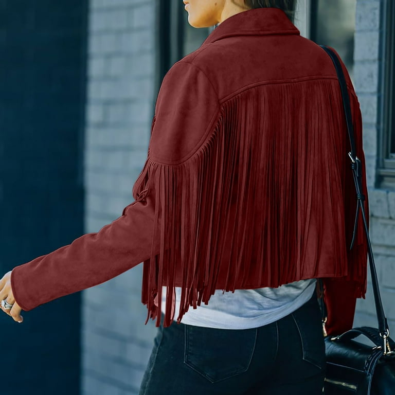 Red leather shop fringe jacket