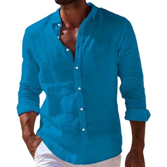 LNZGNM Mens Button Down Long Sleeve Shirt Beach Summer Collared Shirts Lightweight Cotton Linen Solid Color Shirts Stylish Hawaiian Tops,Royal Blue M