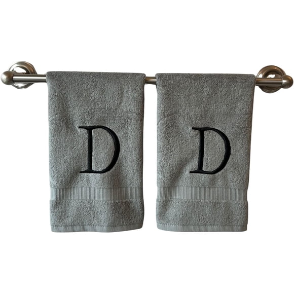 Gray Initial Hand Towel for Bathroom - Monogrammed Luxury Hotel Quality Decorative Embroidered Towel for Powder Room, Spa - GOTS Organic Certified - Set of 2 Black Letter D