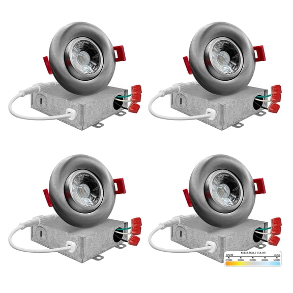 NuWatt 3 in. Nickel Trim Gimbal Recessed Downlight, Canless Adjustable Lens, 5CCT Selectable 4 Pack