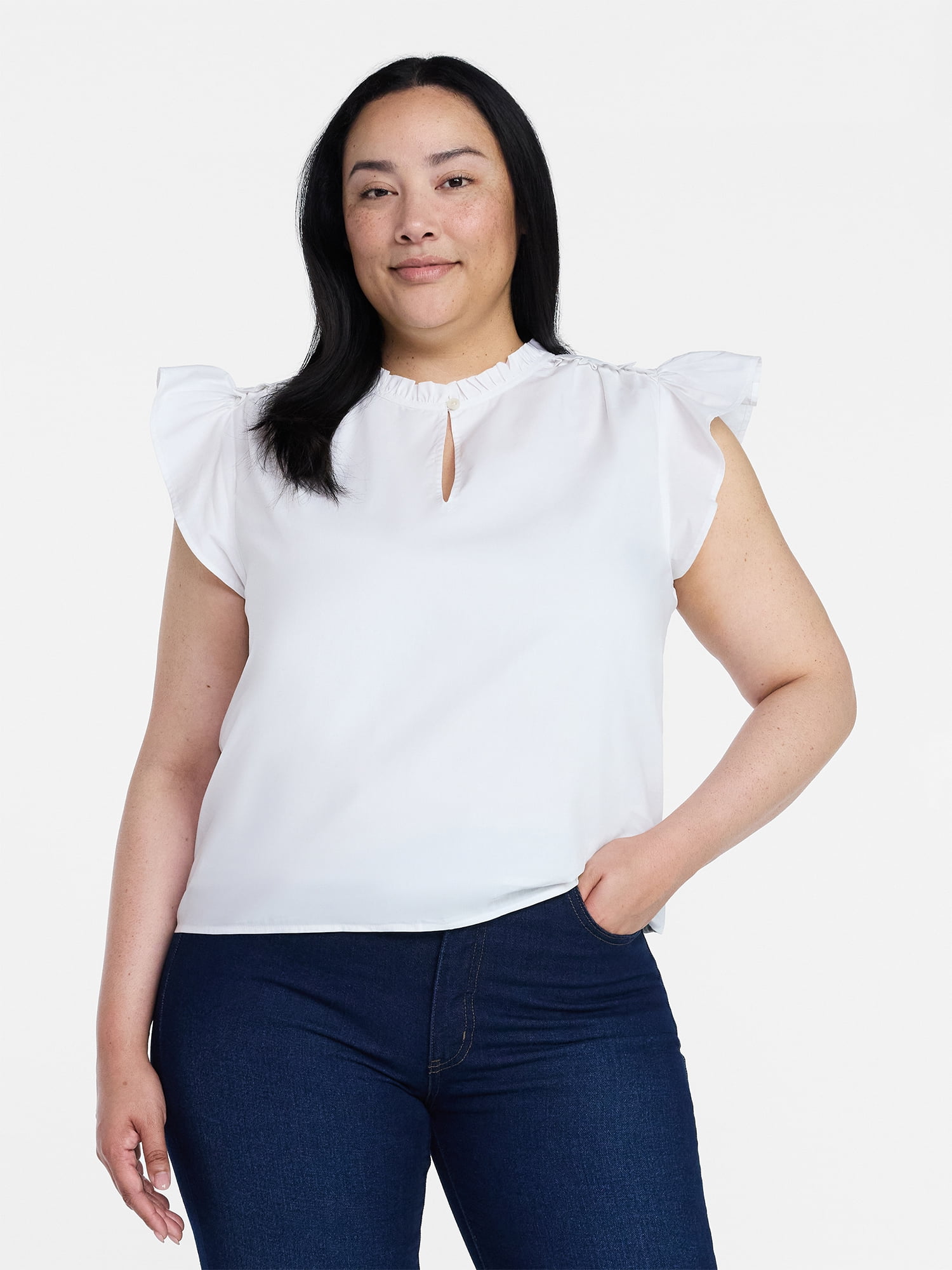 Time and Tru Women's Cotton Split Neck Top with Flutter Sleeves, Sizes XS-XXXL