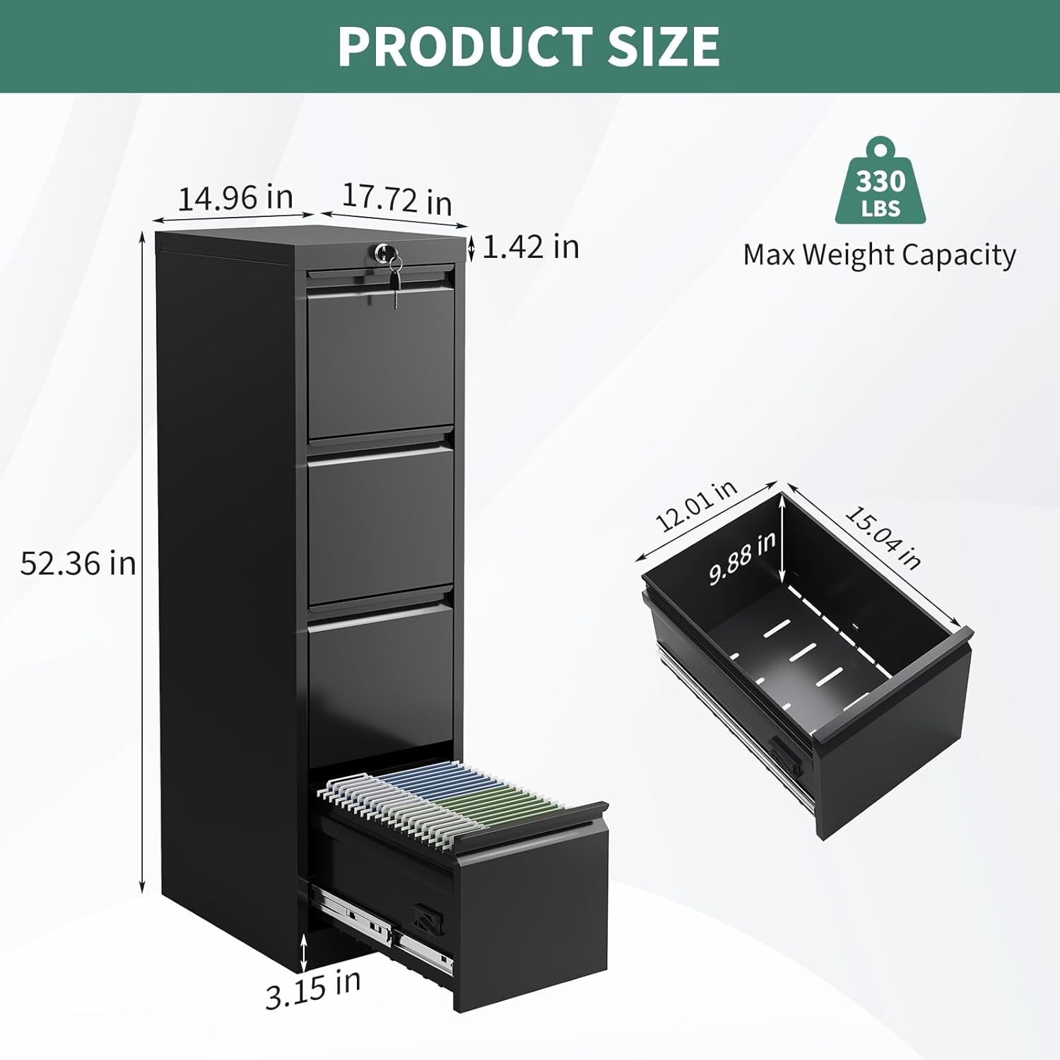 M optimized 4 Drawer File Cabinet with Lock, Metal Vertical Filing Cabinets for Home Office, Heavy Duty File Storage Cabinet, Black
