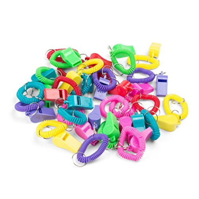 Pack of 12 Coloured Plastic Whistles with Neck Cord Sports Referee Party Bag 