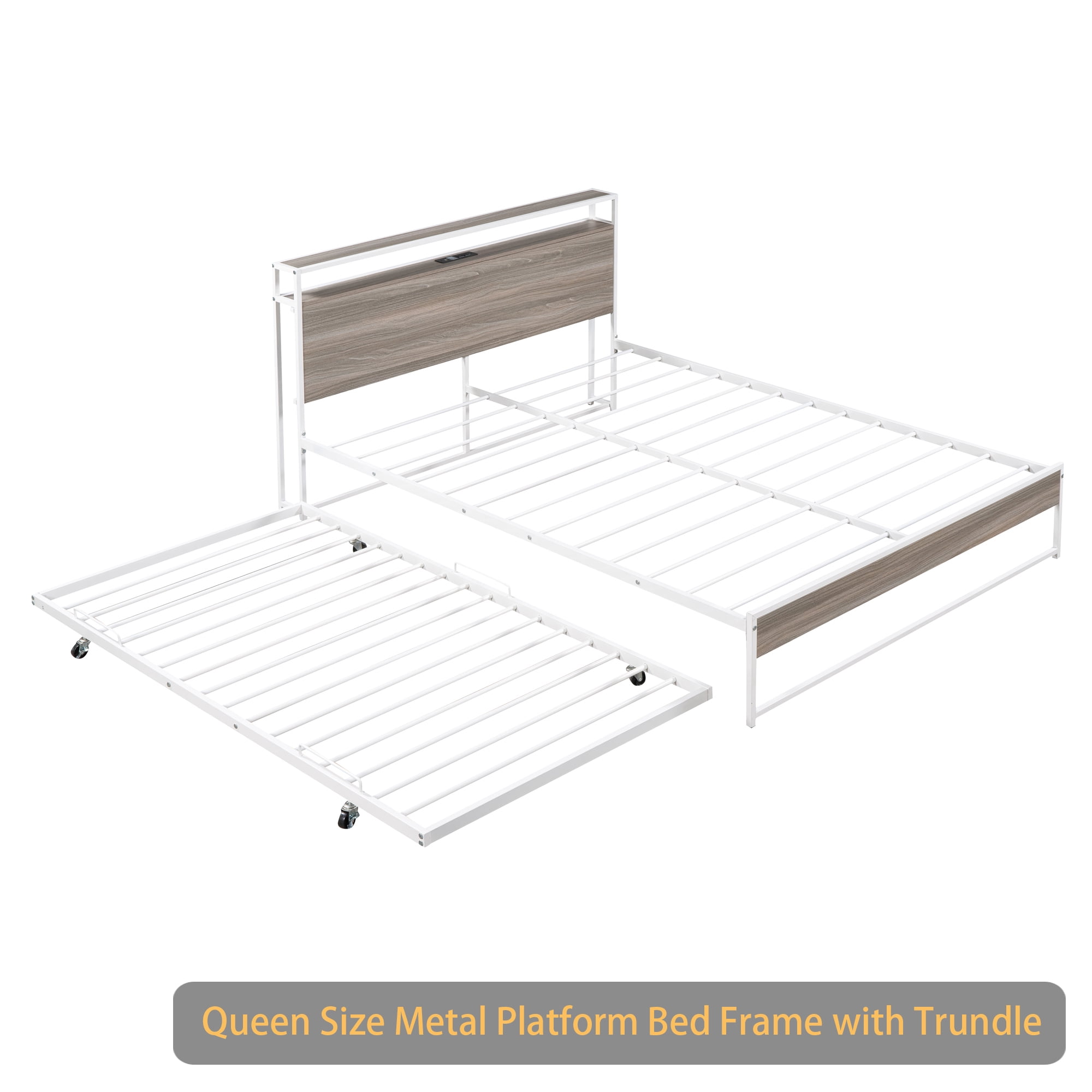 Queen Size Metal Platform Bed Frame with Trundle, USB Ports and Slat Support ,No Box Spring Needed White