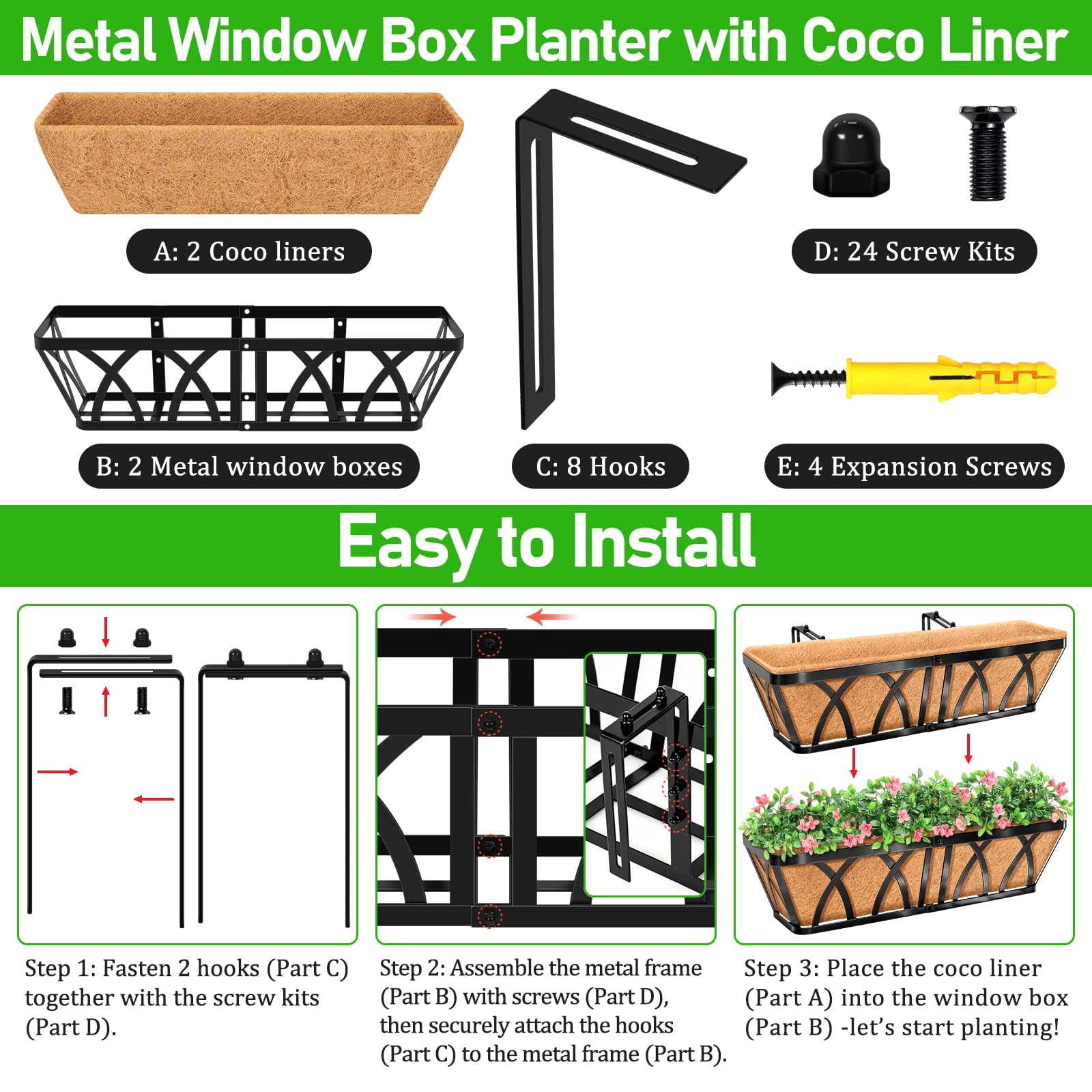 24in Metal Railing Window Box 2 Pack Indoor Outdoor Plant Planter