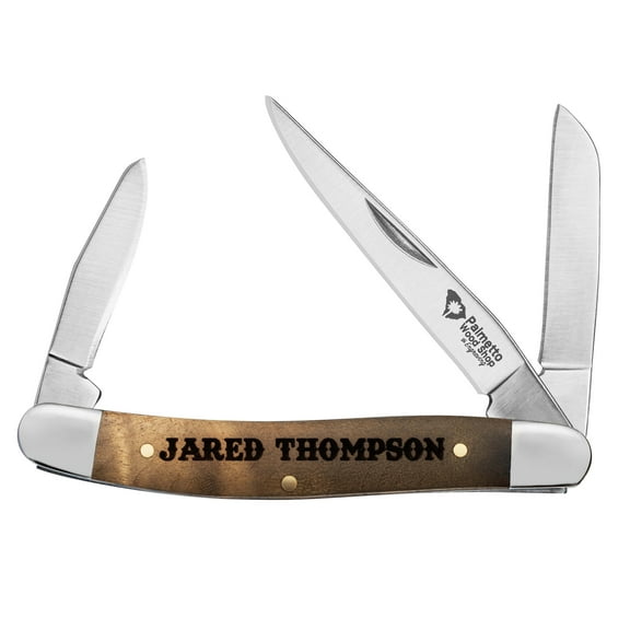 Palmetto Wood Shop Stockman Pocket Knife with Personalized Laser Engraved Wood Handle