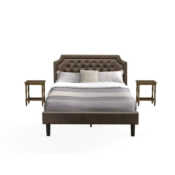GB25Q-2BF07 3-Pc Granbury Queen Bed Set with Button Tufted Queen Size Frame and 2 Distressed Jacobean Nightstands - Dark Brown Faux Leather with Black Texture and Black Legs
