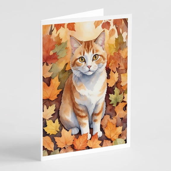 Carolines Treasures DAC7150GCA7P 5 x 7 in. Manx Cat in Fall Leaves Greeting Cards - Pack of 8