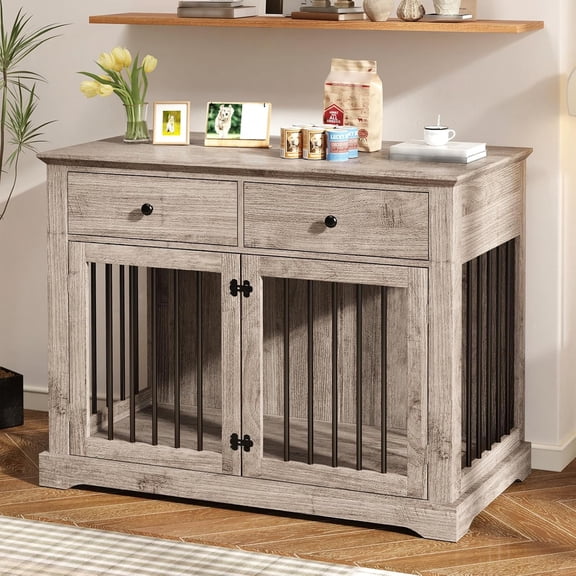 PUKAMI 44 Inch Dog Crate Furniture with Storage Drawers, Large Wooden Dog Kennel End Table, Decorative Pet Cage Dog House Indoor for Dogs
