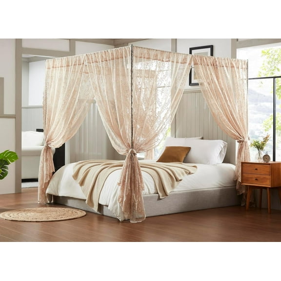 Warm Home Designs Lace Canopy Bed Curtains Set Consists of 8 48" x 78" Linen Canopy Curtains with Tie-Backs. Queen Canopy Bed Curtains or King Bed Canopy Curtains for Coquette Bedroom Decor. LC Linen