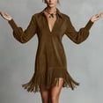 thumbnail image 5 of AUNVITO Women's Deep V Neck Long Sleeve Dress with Fringe Detail Vintage Loose Fit Solid Color Maxi Dress, 5 of 9