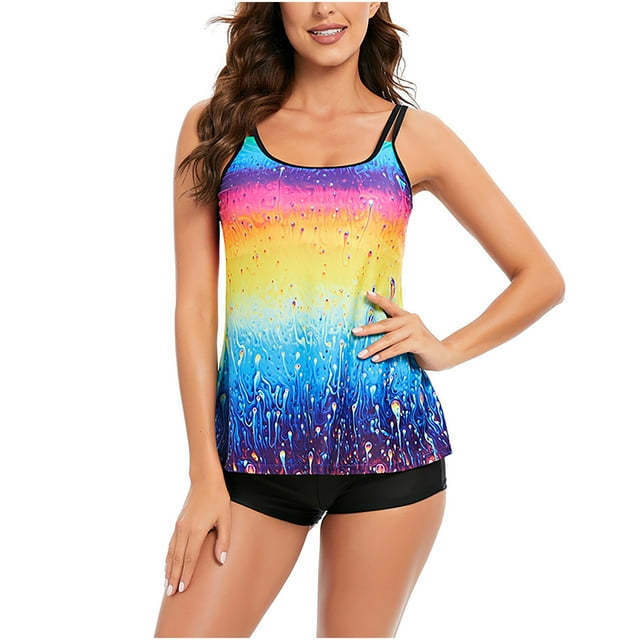RKSTN Robe de Bain Tankini pour Femmes avec Shorty Deux Pièces Col en V Nœud Licou Imprimé Floral Grande Taille