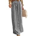 thumbnail image 2 of Women Casual Drawstring Elastic Waist Striped Wide Leg Pants with Pockets Black S, 2 of 6
