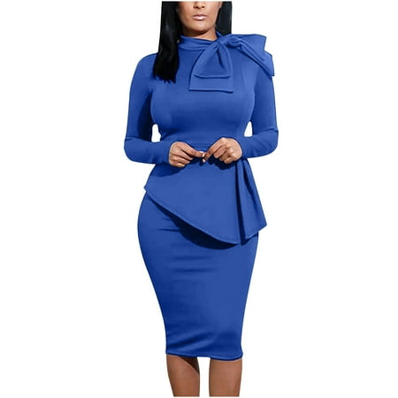 

Spring Dresses For Women 2023 Clearance Long Sleeve Round-Neck Dress Pleated Crew neck Shapewear for Dresses Ruffles Beachwear Below the Knee dress Blue XXL
