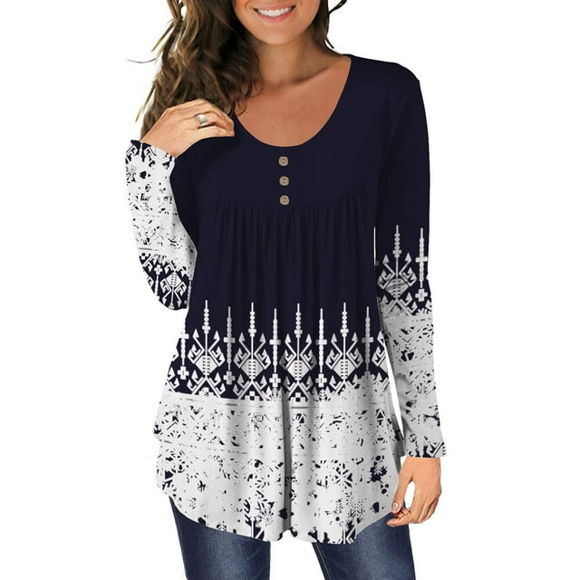 Hauts Décontractés Manches Longues Bouton Imprimé Col Rond Coupe Ample Tunique Plissée T-Shirt Blouses Vêtements Fall