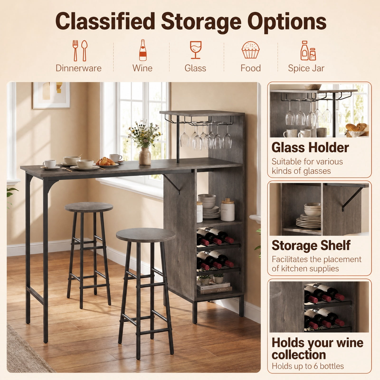Furnibear 3 Piece Bar Table and Chairs Set with 6-Bottle Wine Rack for Kitchen Dining Room Breakfast Nook Home, Oak