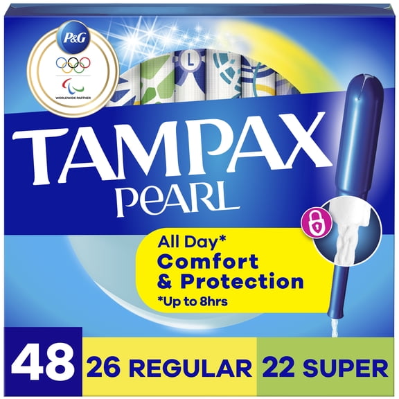 Tampax Pearl Tampons Multipack, with LeakGuard Braid, Regular/Super Absorbency, Unscented, 48 Count