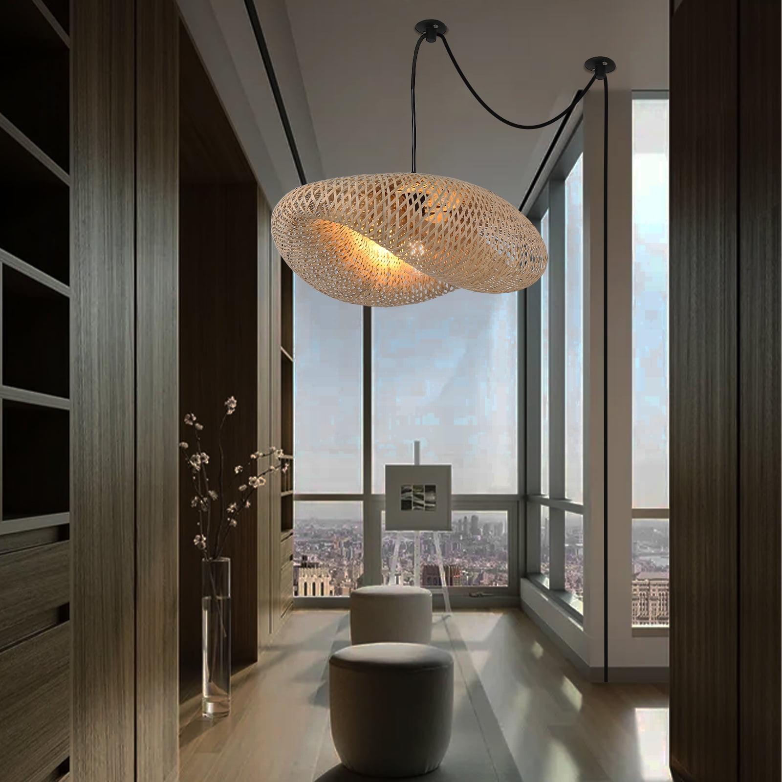Woven Bamboo Plug in Pendant Light for Kitchen Island, Industrial Wicker Ceiling Hanging Lamp, Rattan Lamp Shade Basket Chandelier Bamboo Light Fixture for Living Room Dining Room Bar Restaurant