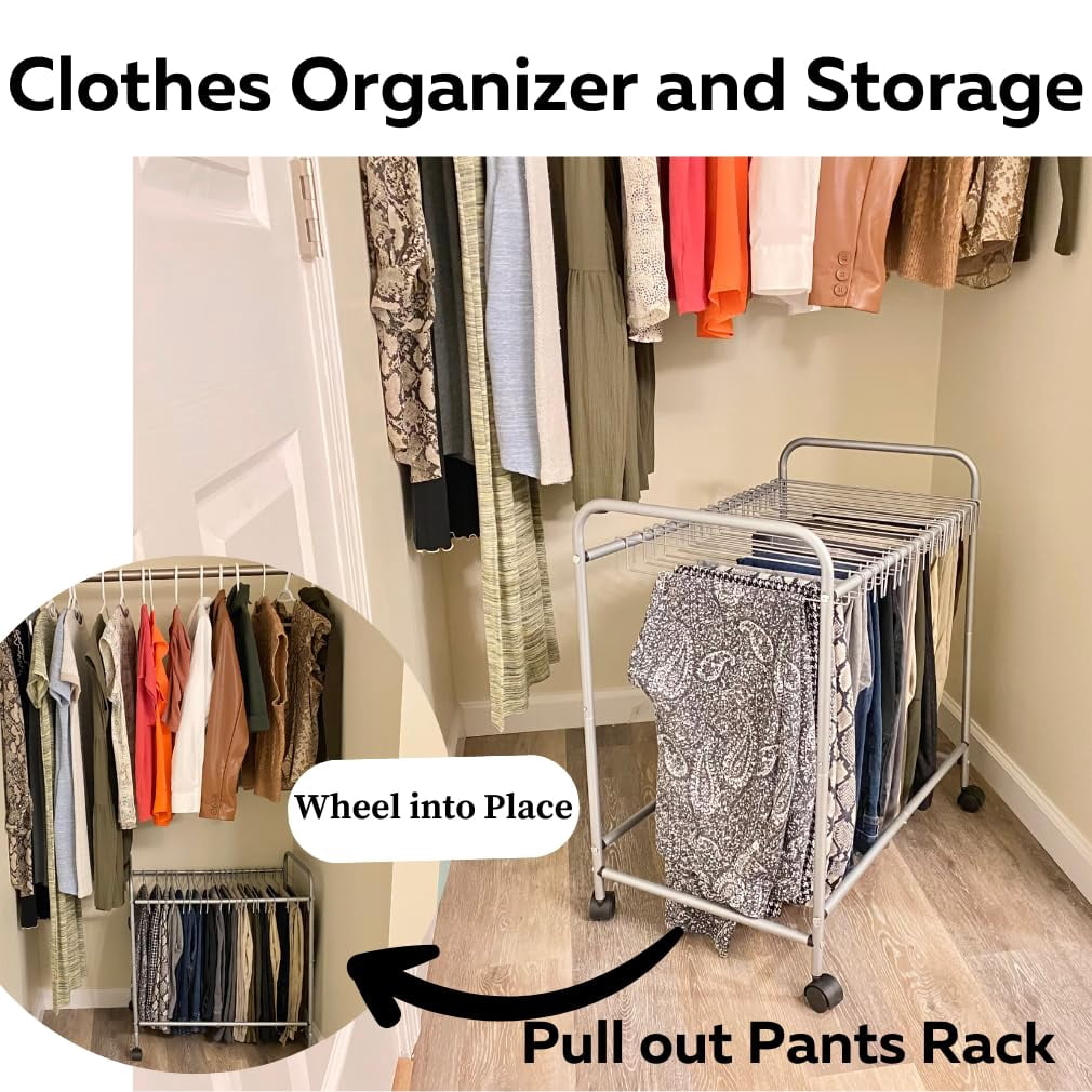 Evelots Pants Rack with 20 Pants Hangers Rolling Trolley Cart - Skirt Hangers, Jean Organizer for Closet