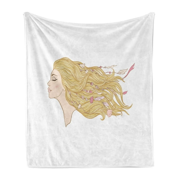 Bohemian Soft Flannel Fleece Throw Blanket, Young Woman with Long Hair Beads from Sea Shells Hip Spring Fashion, Cozy Plush for Indoor and Outdoor Use, 70" x 90", Pale Peach Brown, by Ambesonne