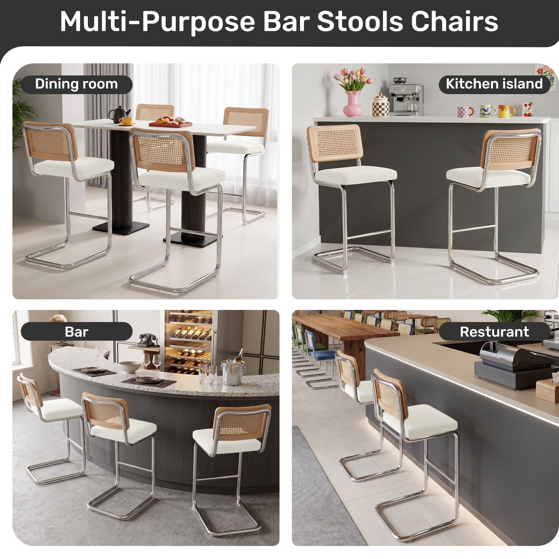 MOONMISS 25.6″ Bar Stools Set of 6,Velvet Counter Height Chairs with Rattan Back & Metal Legs,Mid Century Cantilevered Design for Kitchen Island,Beige