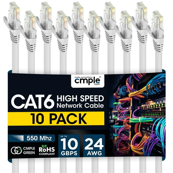 Cmple - 10 Pack Cat6 Ethernet Cable 5 ft Cat 6 Network Cables with RJ45 Connectors 10Gbps Computer LAN Patch Cord Router Internet Wire - White