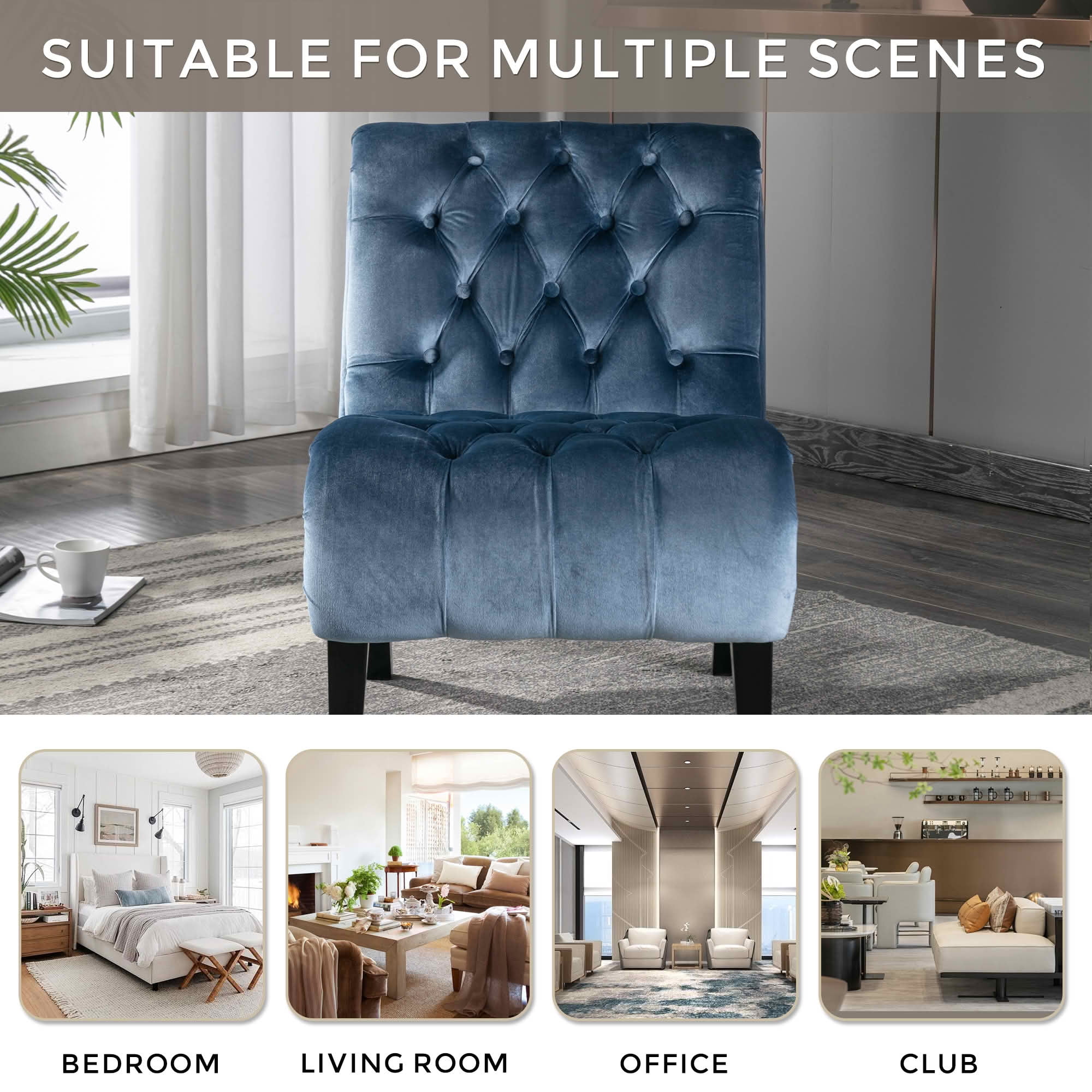 MAYEERTY 22.83-Inch Velvet Button Tufted Armless Accent Chair, Upholstered Leisure Side Chair with Wooden Legs for Bedroom Living Room Office