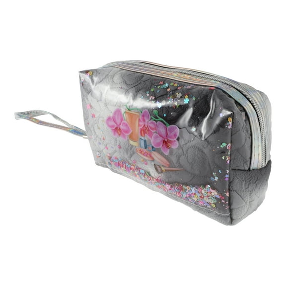 1 Pc Women Portable Sequin Heart Makeup Bag for Travel Vacation Camping Gray PU