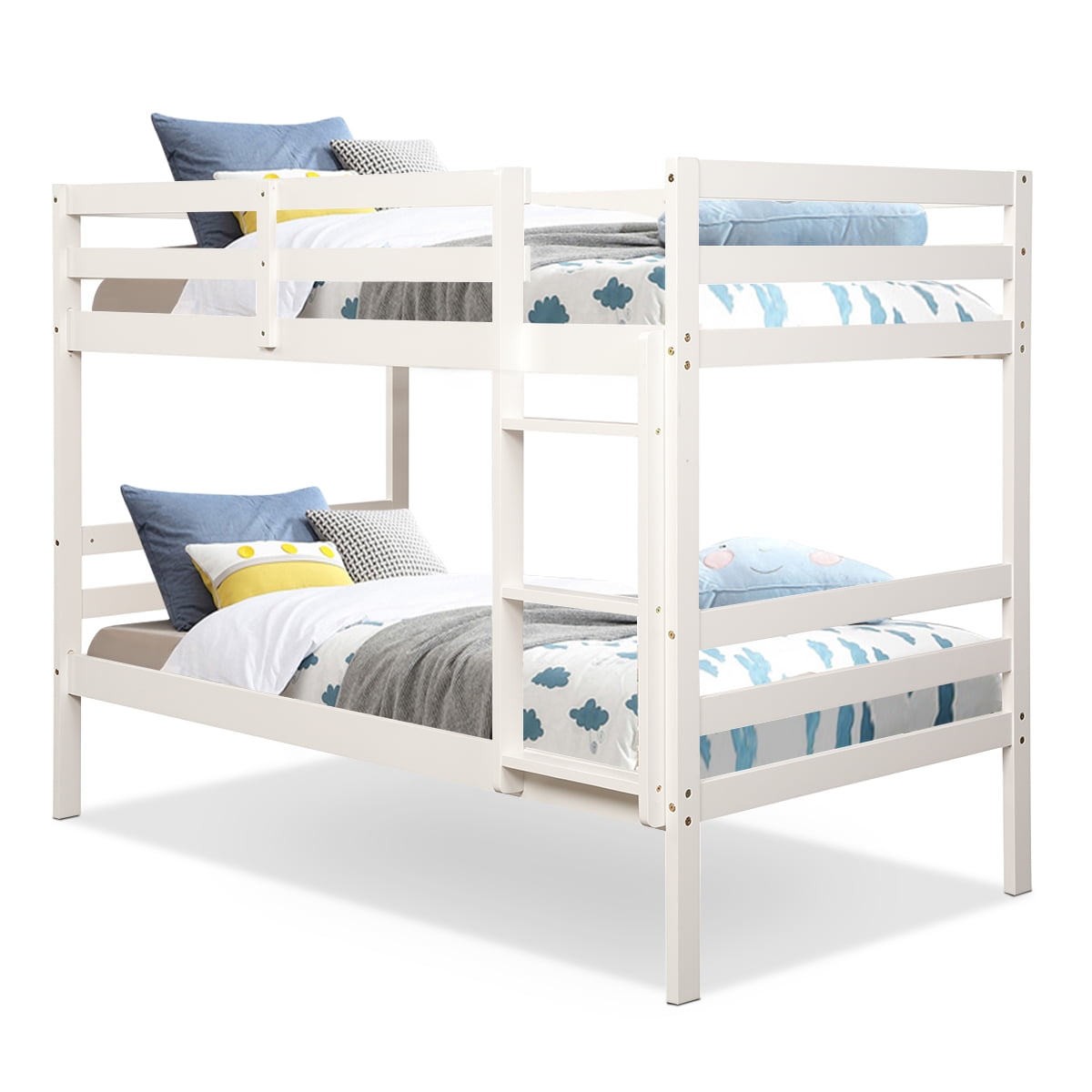 Costway Twin Over Wood Bunk Beds, White Bunk Bed Ladder