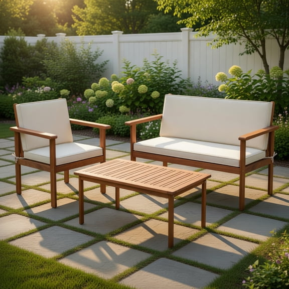 Yardi Yard 4 Pieces Patio Furniture Set with Table, Acacia Wood Porch Chair and Table Set for Outdoor as Yard, White