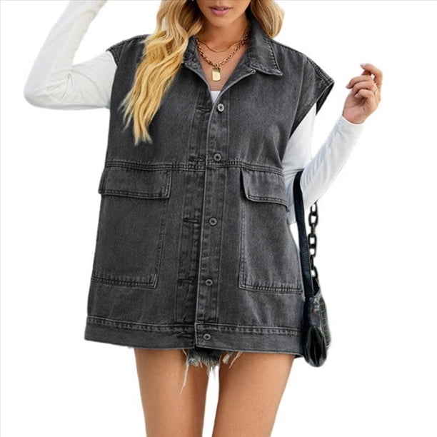 Chaqueta Vaquera Sin Mangas de Gran Tamaño para Mujer, Chaleco con Botones, Top de Verano, Vaqueros, Chalecos, Tops Gris Oscuro M