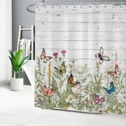 HVEST Butterfly and Flower Shower Curtain,Rustic Wild Flowers and Colorful Butterflies on Farmhouse Plank Bathroom Shower Curtain Herb Polyester Fabric Decor Curtain with Hooks, 72X78 inch