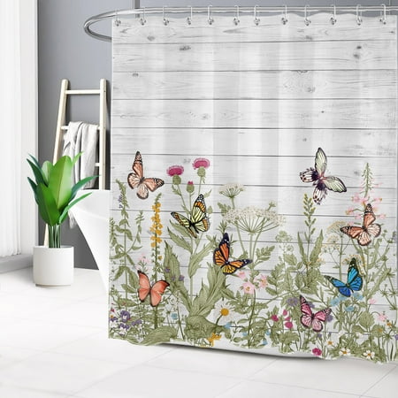 HVEST Butterfly and Flower Shower Curtain,Rustic Wild Flowers and Colorful Butterflies on Farmhouse Plank Bathroom Shower Curtain Herb Polyester Fabric Decor Curtain with Hooks, 72X78 inch