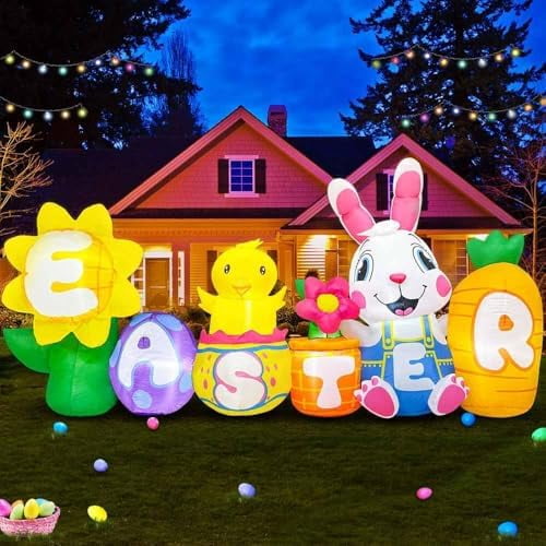 8FT Easter Inflatable Bunny Outdoor Decorations with Egg Chick Carrot, Built-in LED Lights Blow Up Yard Decoration for Lawn Garden Holiday Party$$Garden & Patio