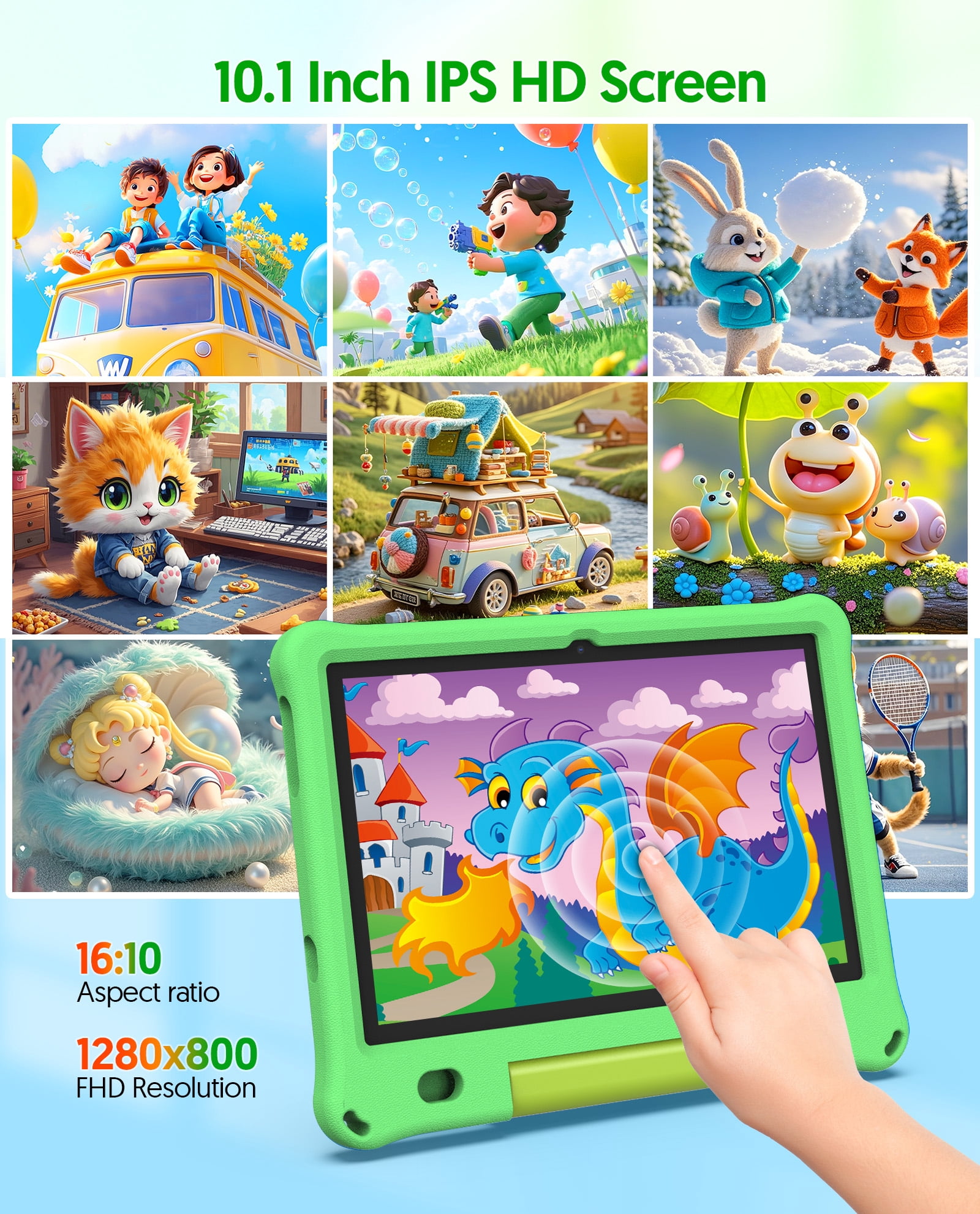 FITIFUN 10.1 inch Kids Tablet Android 15, 3GB RAM 64GB ROM 1TB Expand, Quad-Core, 5G/2.4G WiFi, 6000mAh, HD Display, Parental Control, Green
