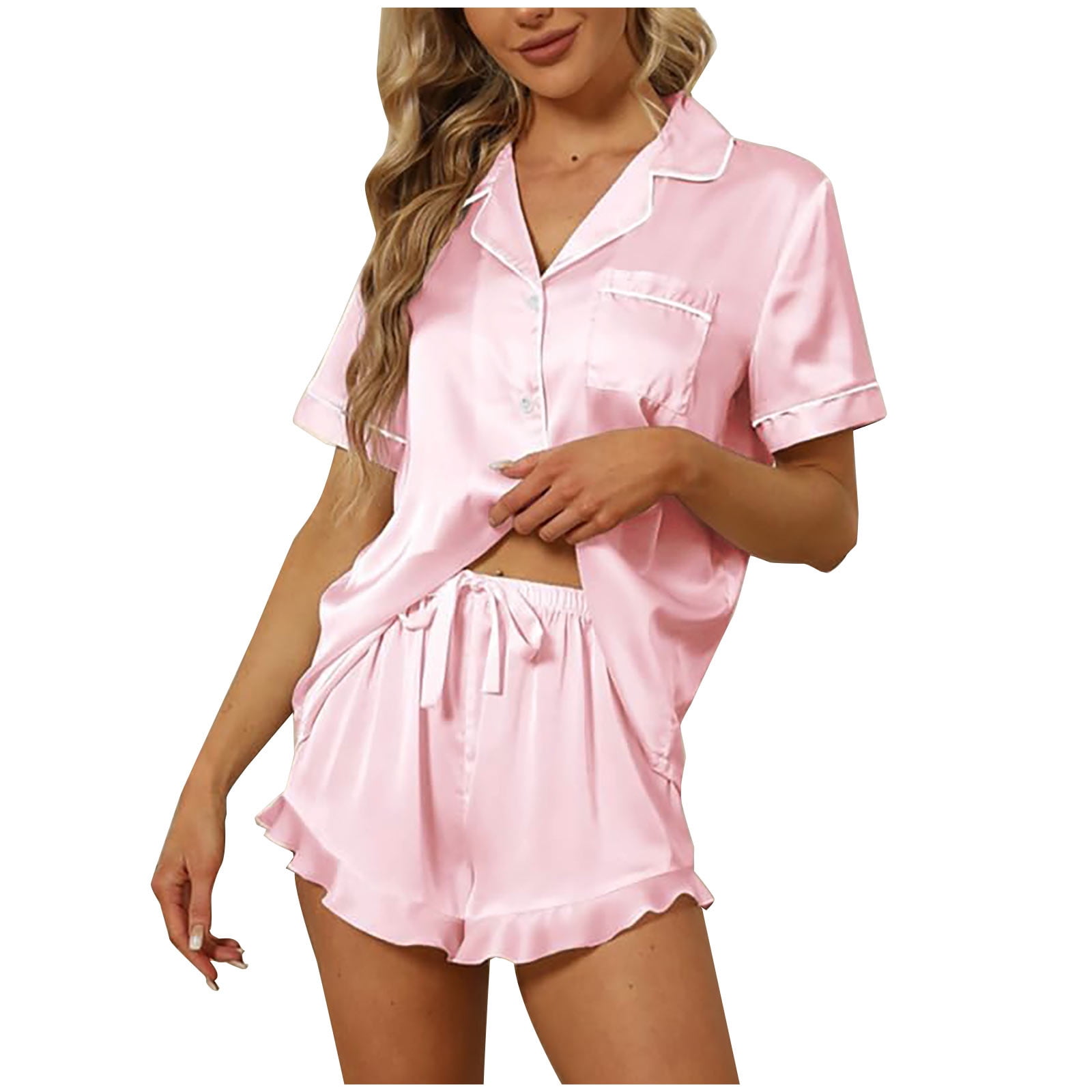 Pyjama Fille En Satin Rayé - Ensemble 2 Pièces Court & Haut Boutonné - Vêtement Nuit Été Confortable Et Trendy