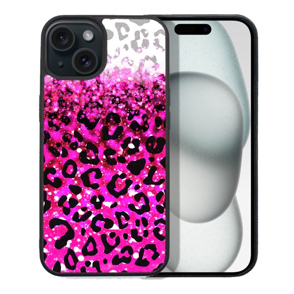 WIRESTER Shockproof Soft Rubber Cover Case for Apple iPhone 15 6.1" 2023 (NOT FIT Apple iPhone 15 Plus 6.7" 2023), Pink Glitter With Black Pink Leopard