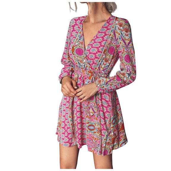Fesfesfes Women Dress Sexy Casual Floral Print Long Sleeve V-Neck Mini Dress Under $10