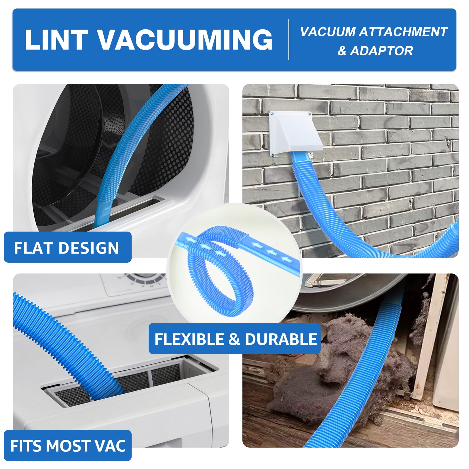 DRYVENCK 30-FT Dryer Vent Cleaner Kit, Dryer Cleaning Tools, Omnidirectional Dryer Lint Vacuum Attachment, Dryer Vent Brush, Universal Vacuum & Dryer Adapters (Blue)