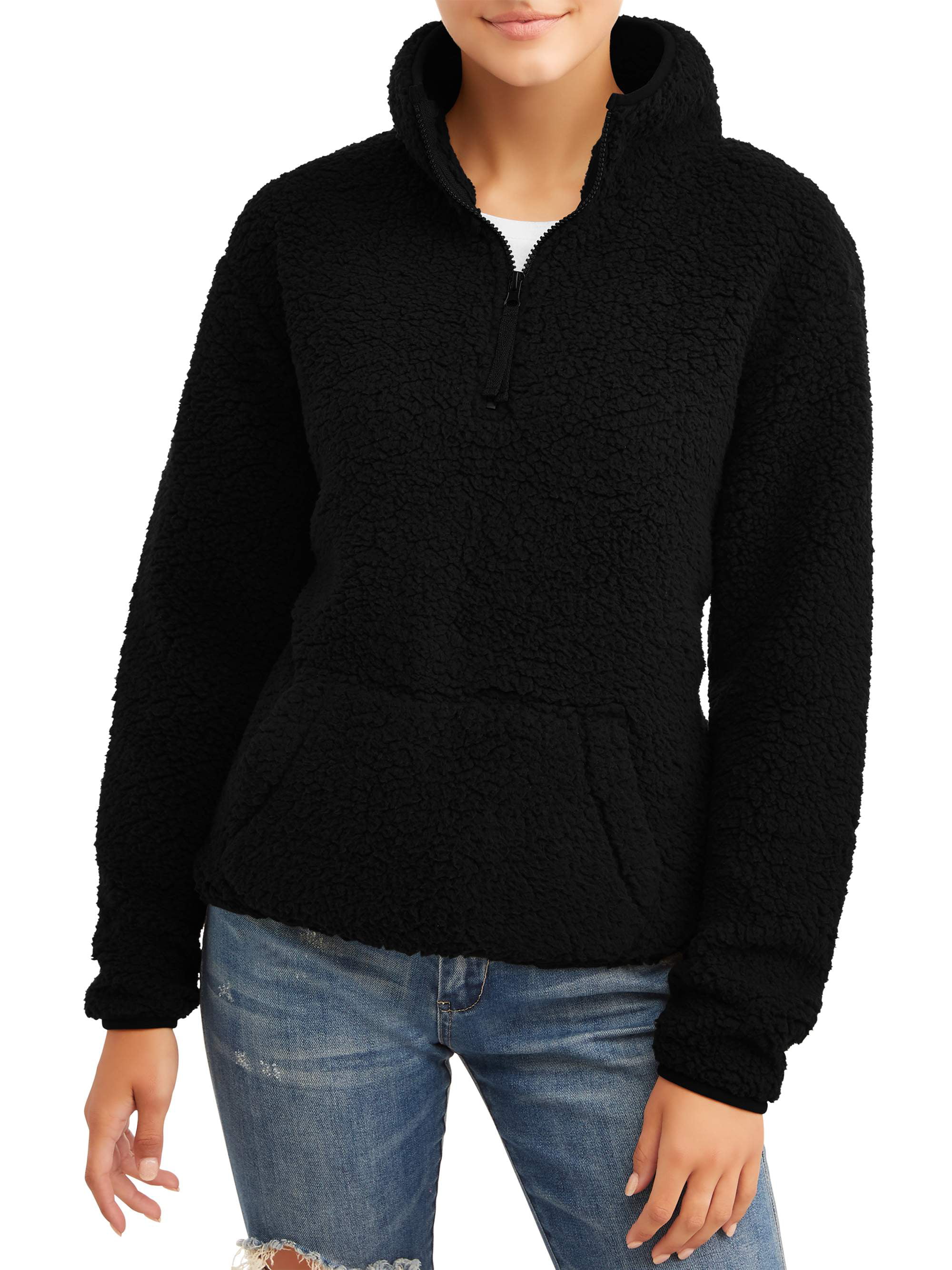 No Boundaries Juniors' Quarter-Zip Sherpa Pullover Sweater - Walmart.com