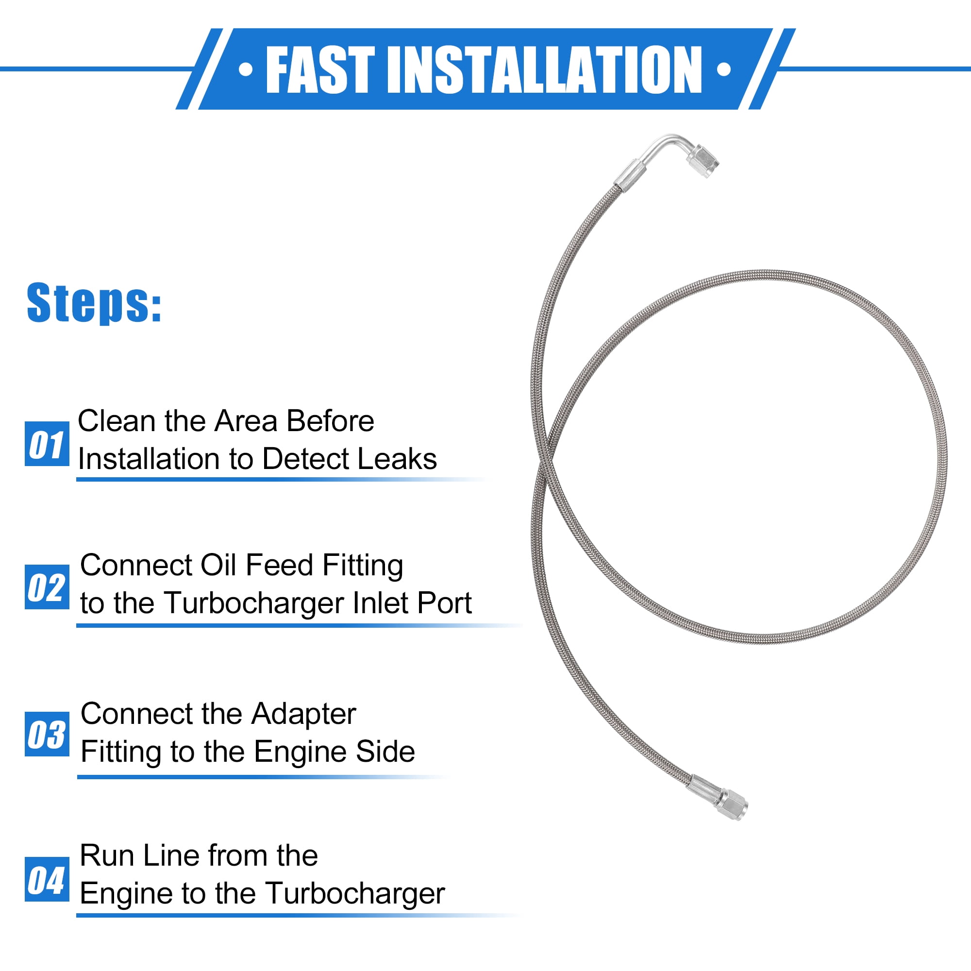 Unique Bargains AN3 Braided Steel Turbo Oil Feed Line 90 Degree to Straight Hose End 44"