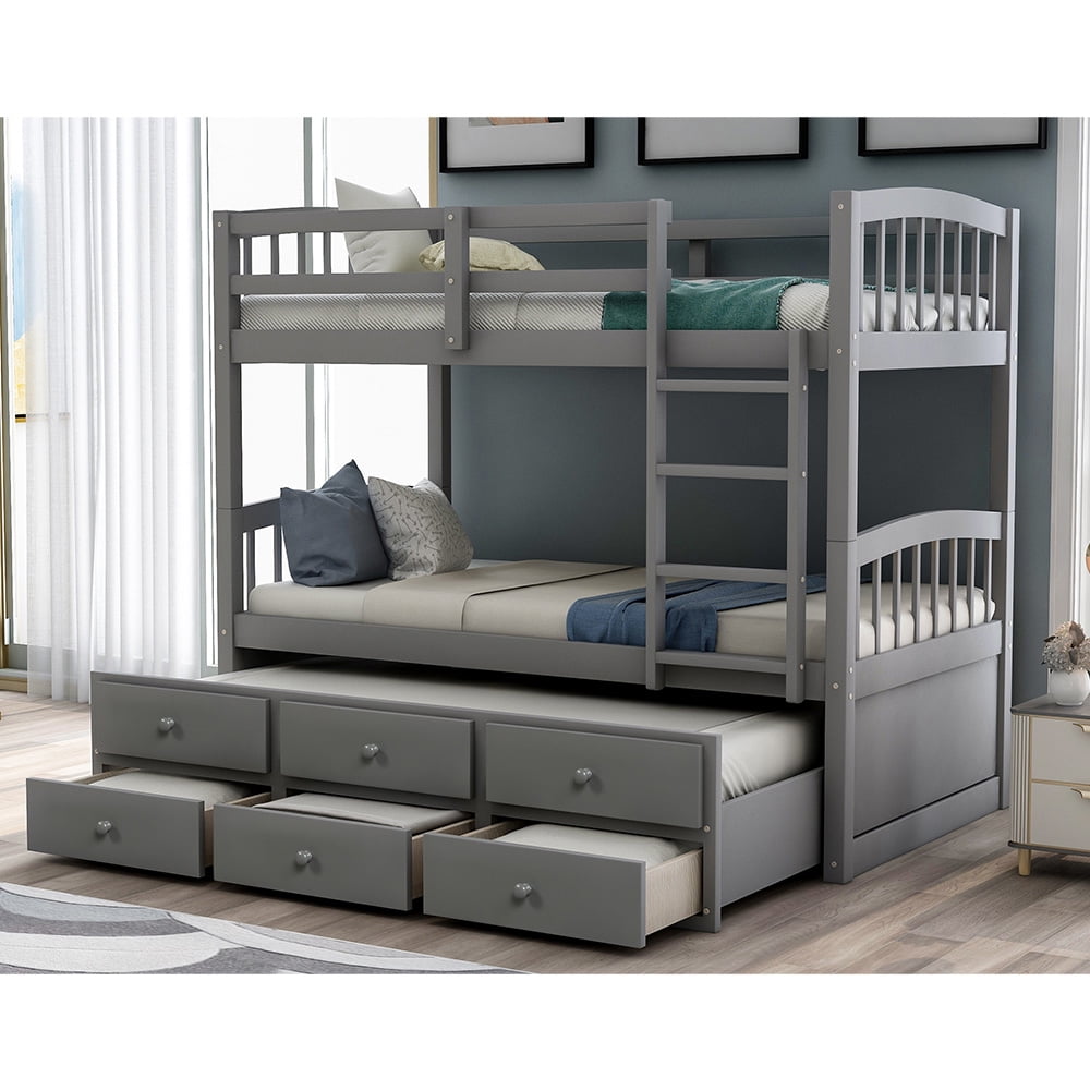 Twin Bunk Bed with Ladder, Safety Rail, Twin Trundle Bed with 3 Drawers for Kids, Gray