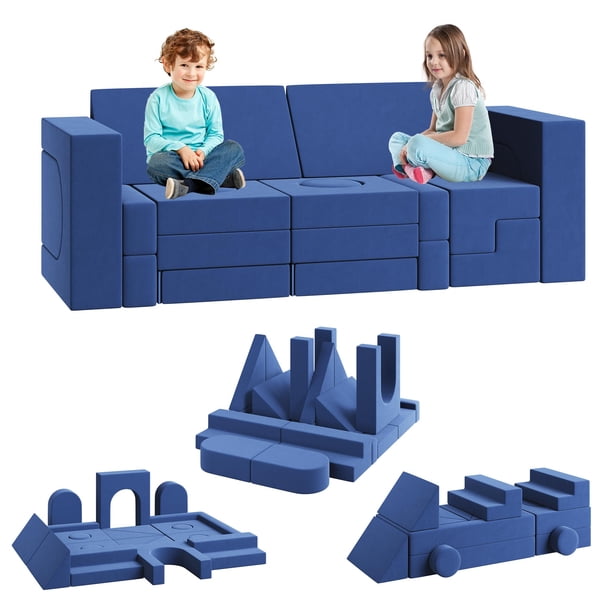Yeshouse Sofá modular infantil, 22 piezas, sofá convertible de espuma para dormitorio y sala de juegos, sofá azul de 2 plazas