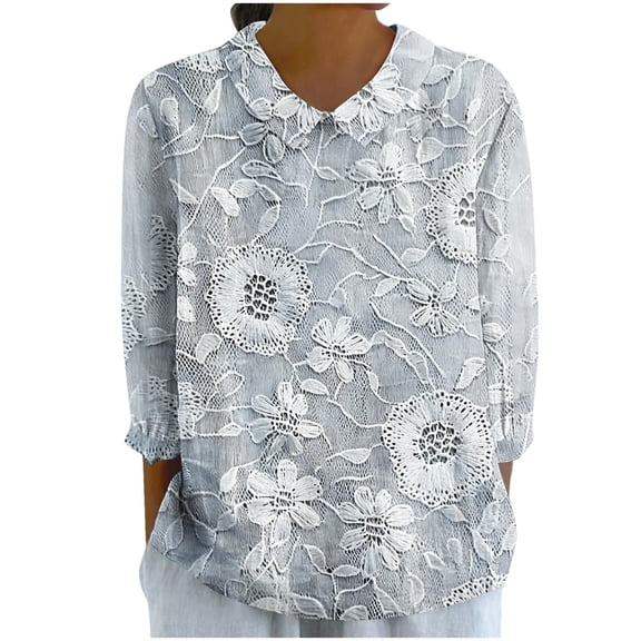 Yuanlook Women's 3/4 Length Sleeve Collared Tops Summer Business Casual Work Shirts - Light Blue - L