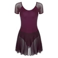thumbnail image 3 of TSSOE Women's Mesh Splice Ballet Dance Leotards Short Sleeve Figure Ice Skating Skirted Bodysuit Dark Purple XL, 3 of 6